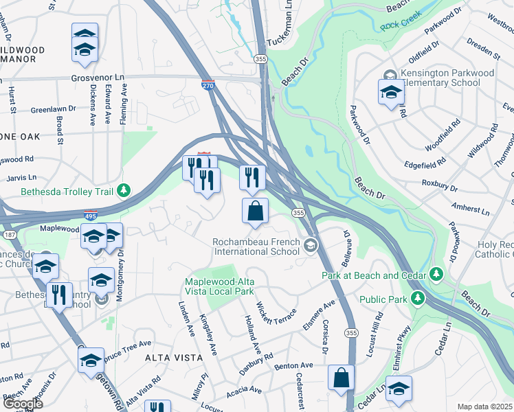 map of restaurants, bars, coffee shops, grocery stores, and more near 5151 Pooks Hill Road in Bethesda