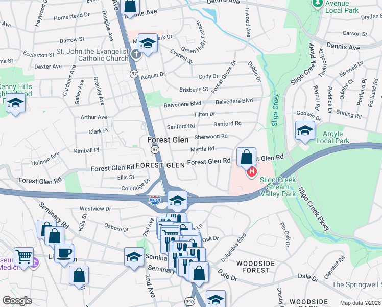 map of restaurants, bars, coffee shops, grocery stores, and more near 9806 Forest Grove Drive in Silver Spring