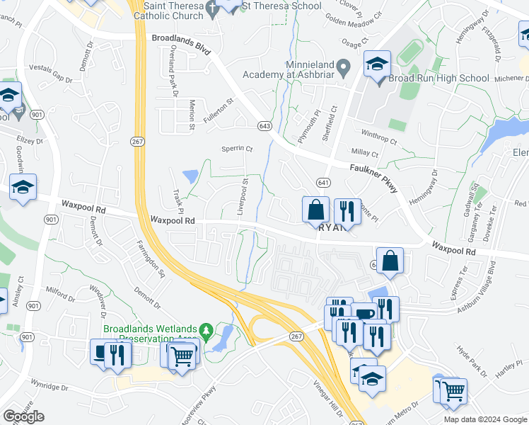 map of restaurants, bars, coffee shops, grocery stores, and more near 21766 Kings Crossing Terrace in Ashburn