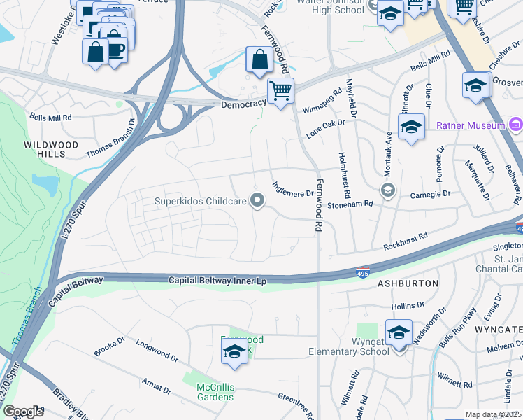 map of restaurants, bars, coffee shops, grocery stores, and more near 9912 Brixton Lane in Bethesda