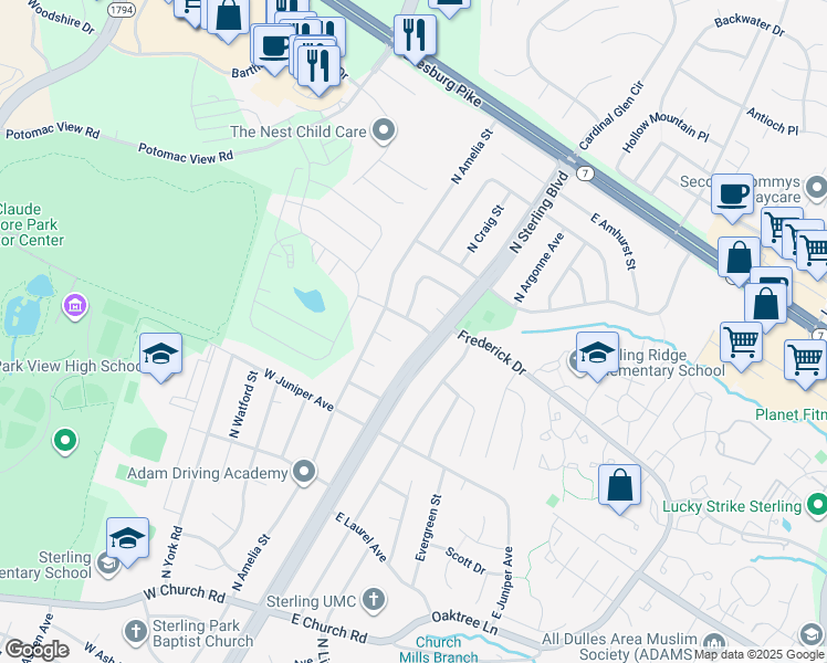 map of restaurants, bars, coffee shops, grocery stores, and more near 103 W Frederick Dr in Sterling