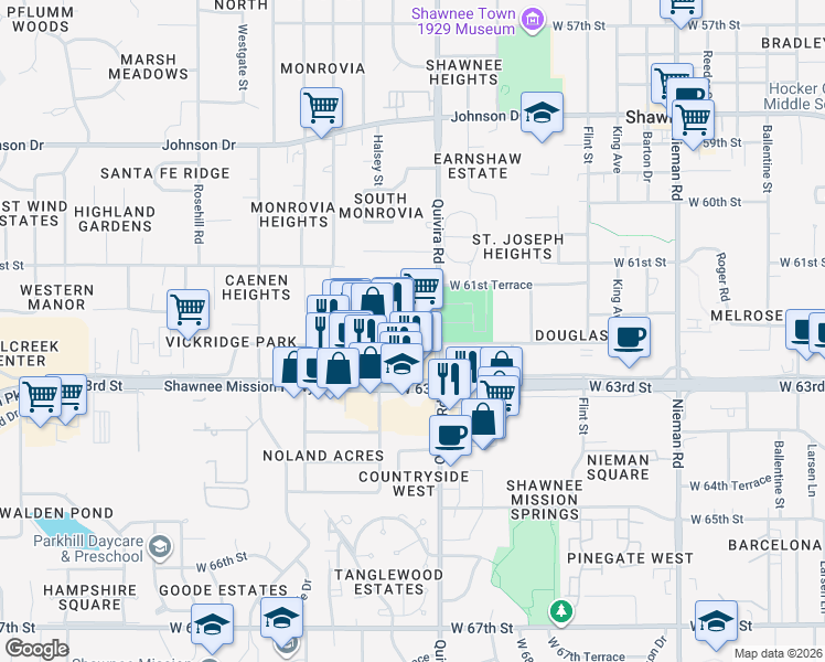 map of restaurants, bars, coffee shops, grocery stores, and more near 11950 Shawnee Mission Parkway in Shawnee