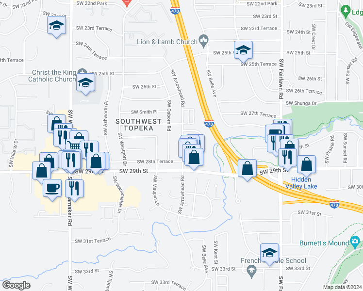 map of restaurants, bars, coffee shops, grocery stores, and more near 2733 Southwest Arrowhead Road in Topeka