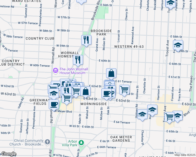 map of restaurants, bars, coffee shops, grocery stores, and more near 6117 Morningside Drive in Kansas City