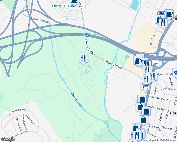 map of restaurants, bars, coffee shops, grocery stores, and more near 9310 Cherry Hill Road in College Park