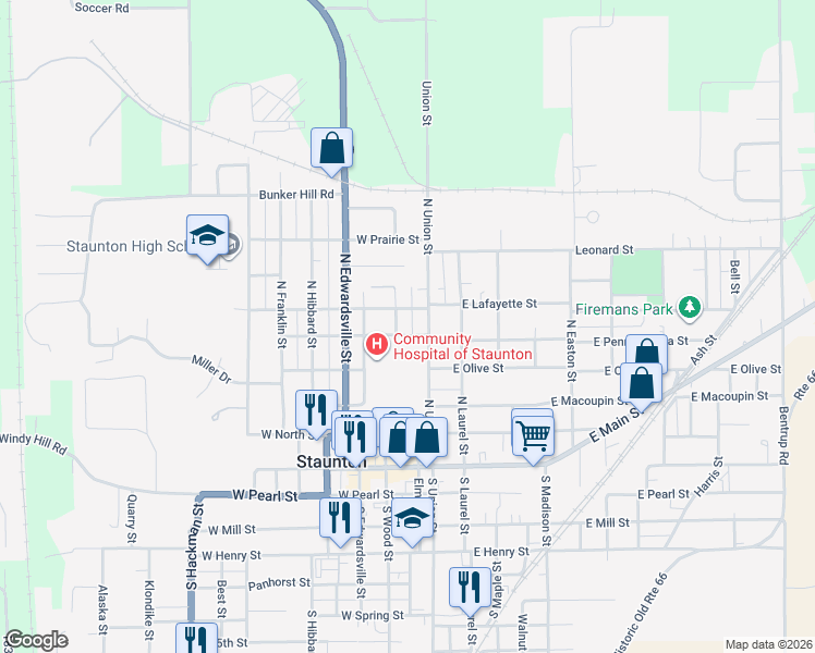 map of restaurants, bars, coffee shops, grocery stores, and more near 224 West Lafayette Street in Staunton