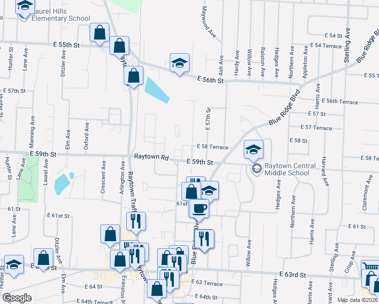 map of restaurants, bars, coffee shops, grocery stores, and more near 5820 Cedar Avenue in Raytown