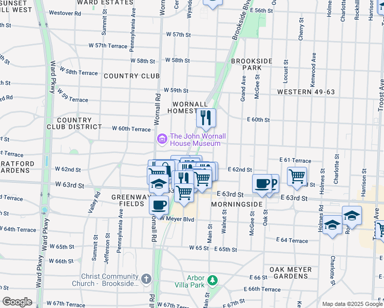 map of restaurants, bars, coffee shops, grocery stores, and more near 6129 Brookside Boulevard in Kansas City