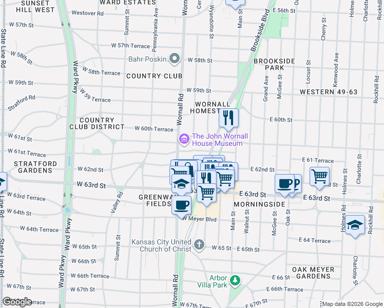 map of restaurants, bars, coffee shops, grocery stores, and more near 121 West 61st Terrace in Kansas City