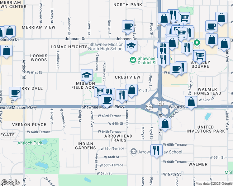 map of restaurants, bars, coffee shops, grocery stores, and more near 7620 Shawnee Mission Parkway in Mission