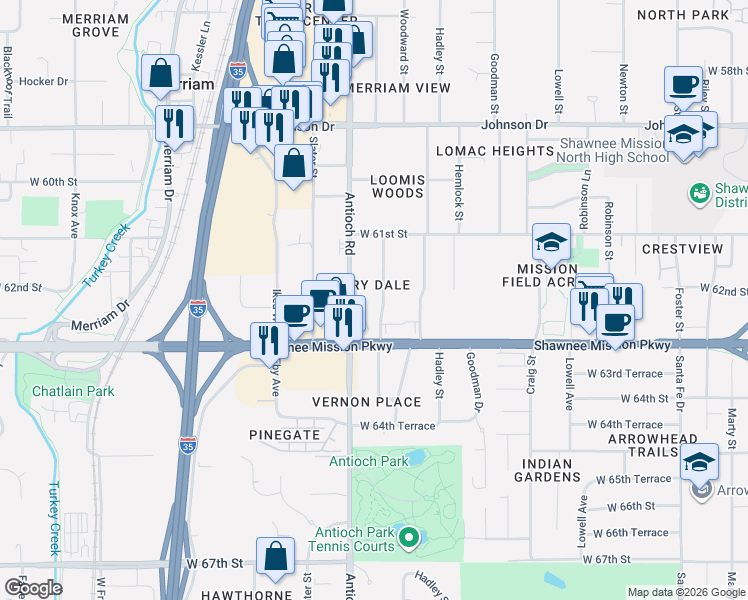 map of restaurants, bars, coffee shops, grocery stores, and more near 6147 Antioch Road in Mission