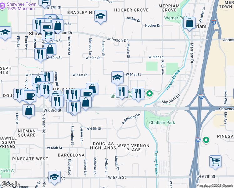 map of restaurants, bars, coffee shops, grocery stores, and more near 10200 West 62nd Street in Merriam