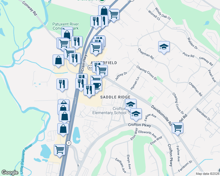 map of restaurants, bars, coffee shops, grocery stores, and more near 1623 Parkridge Circle in Crofton