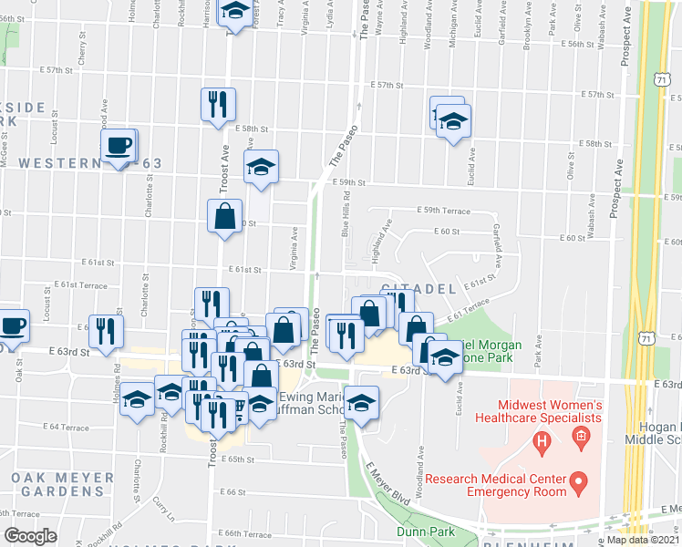 map of restaurants, bars, coffee shops, grocery stores, and more near E 61st St & Blue Hills Rd in Kansas City