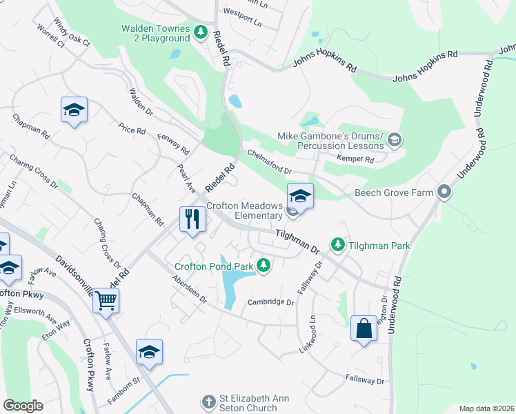 map of restaurants, bars, coffee shops, grocery stores, and more near 1648 Mount Airy Court in Crofton