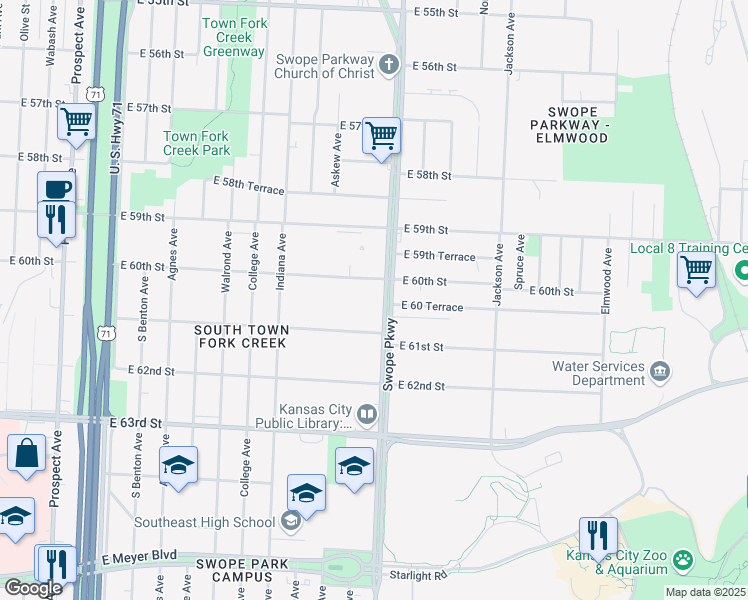 map of restaurants, bars, coffee shops, grocery stores, and more near 6016 Swope Parkway in Kansas City