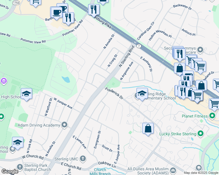 map of restaurants, bars, coffee shops, grocery stores, and more near 21660 North Sterling Boulevard in Sterling