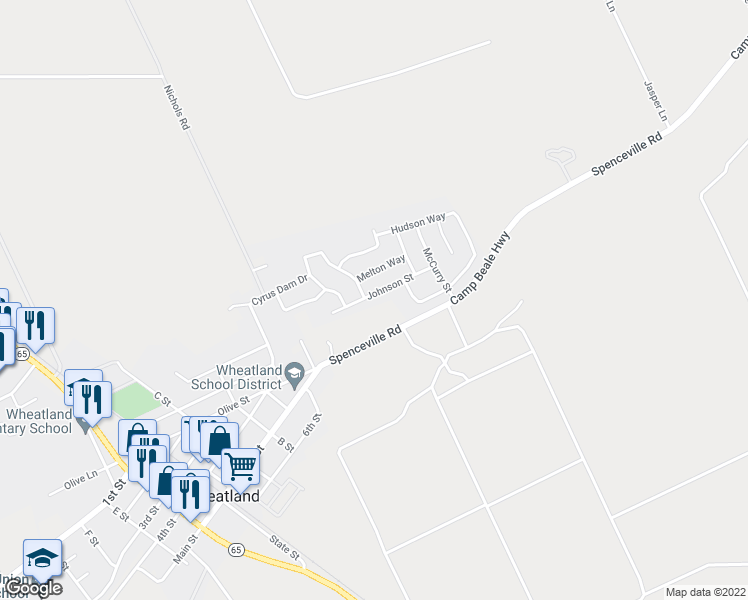 map of restaurants, bars, coffee shops, grocery stores, and more near 140 Johnson Street in Wheatland