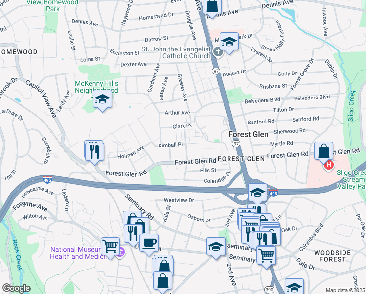 map of restaurants, bars, coffee shops, grocery stores, and more near 9808 Darcy Forest Drive in Silver Spring