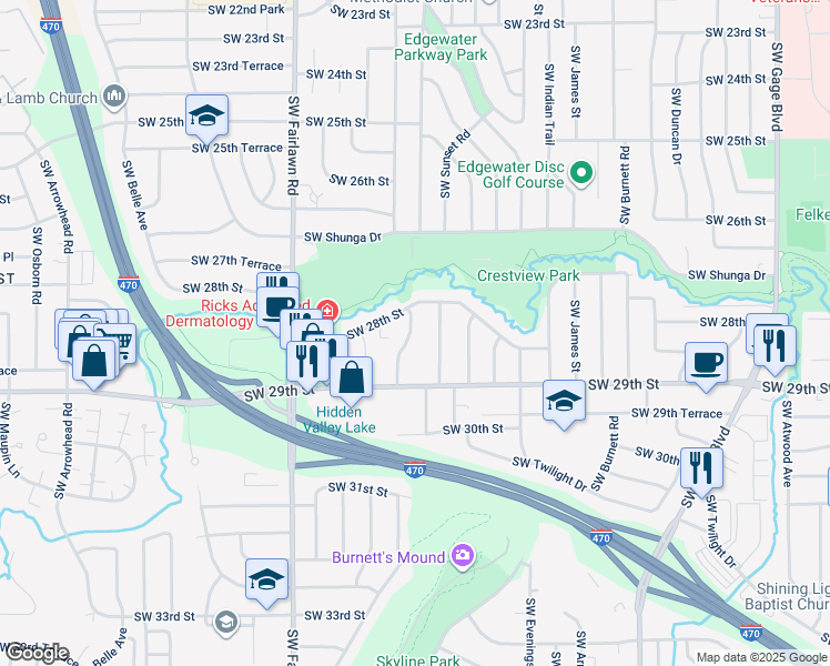 map of restaurants, bars, coffee shops, grocery stores, and more near 2814 Southwest Prairie Road in Topeka