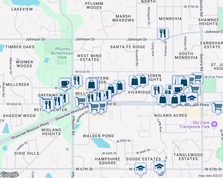 map of restaurants, bars, coffee shops, grocery stores, and more near 6209 Richards Drive in Shawnee