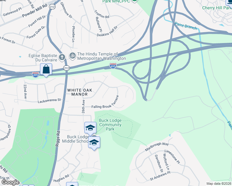 map of restaurants, bars, coffee shops, grocery stores, and more near 2808 Falling Brook Terrace in Adelphi
