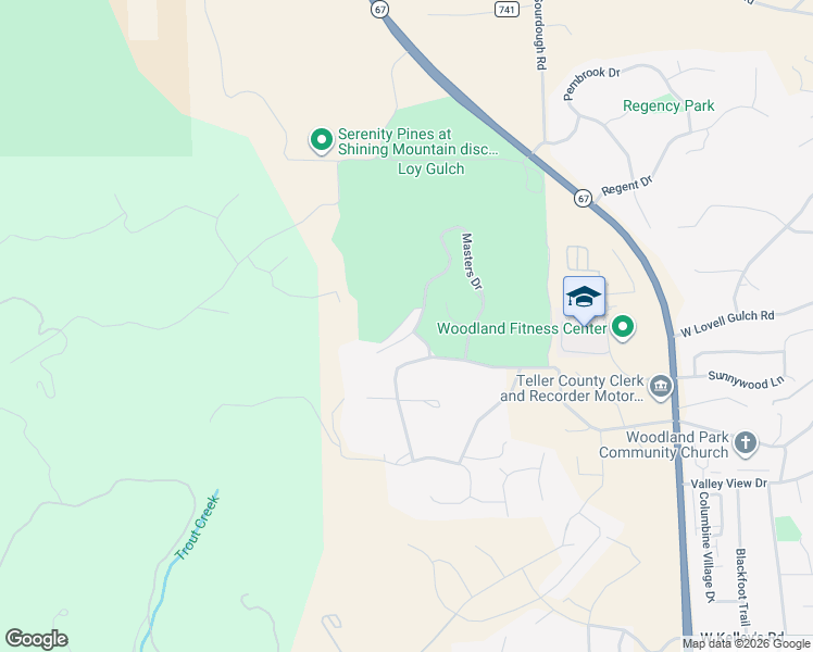 map of restaurants, bars, coffee shops, grocery stores, and more near 215 Iron Eagle Point in Woodland Park