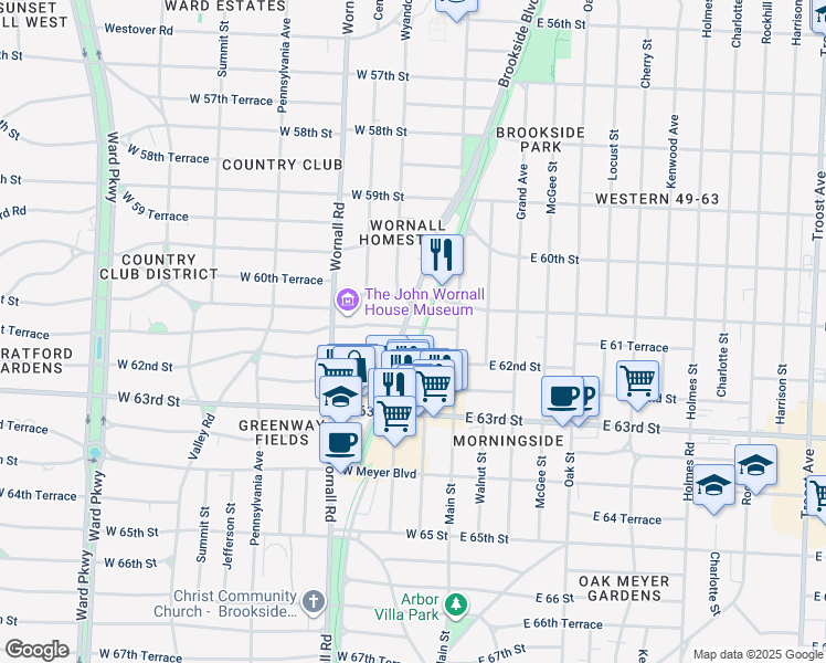 map of restaurants, bars, coffee shops, grocery stores, and more near 6129 Brookside Boulevard in Kansas City