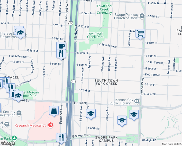 map of restaurants, bars, coffee shops, grocery stores, and more near 6029 Agnes Avenue in Kansas City