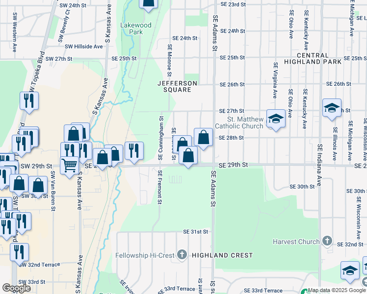 map of restaurants, bars, coffee shops, grocery stores, and more near 2813 Southeast Madison Street in Topeka