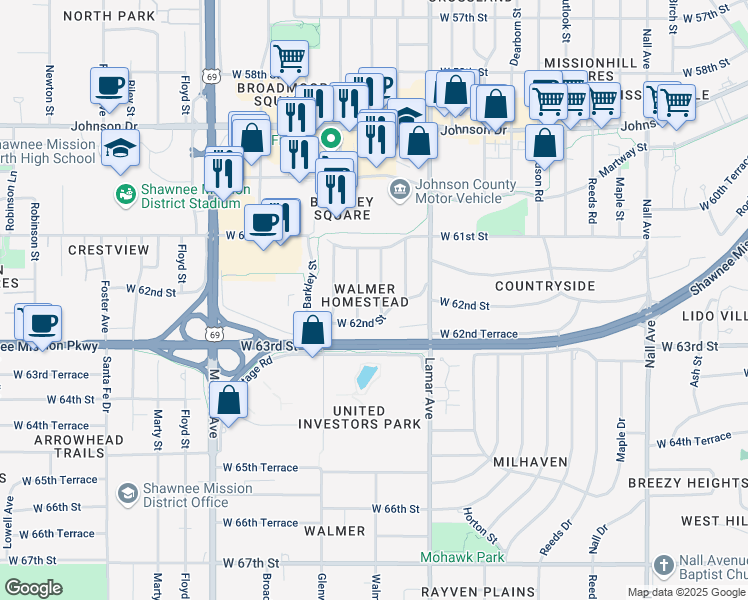 map of restaurants, bars, coffee shops, grocery stores, and more near 6212 Walmer Street in Mission
