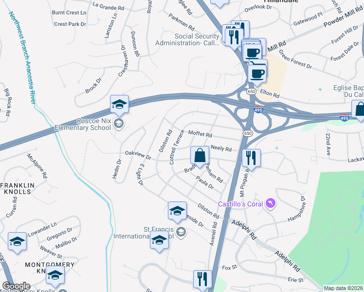 map of restaurants, bars, coffee shops, grocery stores, and more near 9802 Cahart Place in Silver Spring