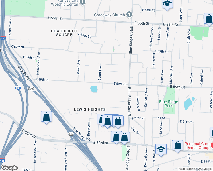 map of restaurants, bars, coffee shops, grocery stores, and more near 8617 East 59th Street in Kansas City