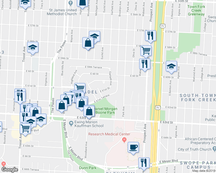 map of restaurants, bars, coffee shops, grocery stores, and more near 2008 East 61st Street in Kansas City
