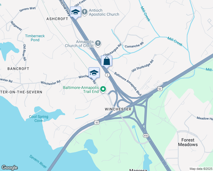 map of restaurants, bars, coffee shops, grocery stores, and more near 1641 Winchester Road in Annapolis