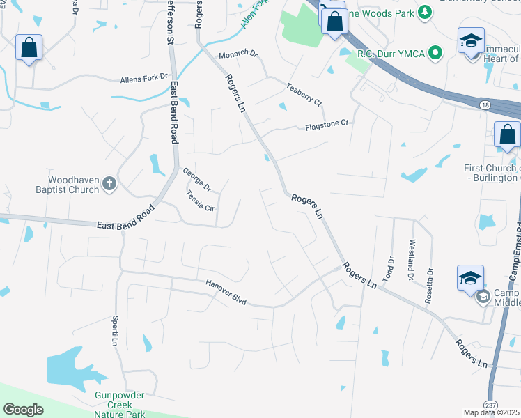 map of restaurants, bars, coffee shops, grocery stores, and more near 6153 Woodcrest Dr in Burlington