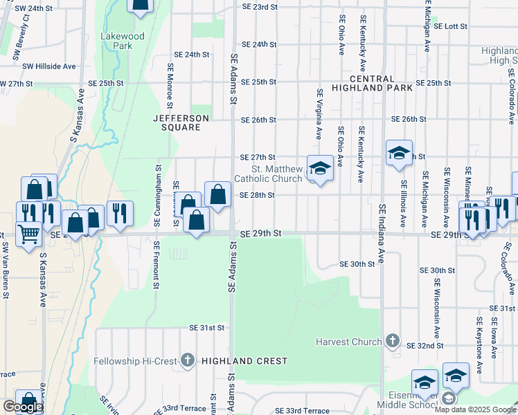 map of restaurants, bars, coffee shops, grocery stores, and more near 2816 Southeast Massachusetts Avenue in Topeka
