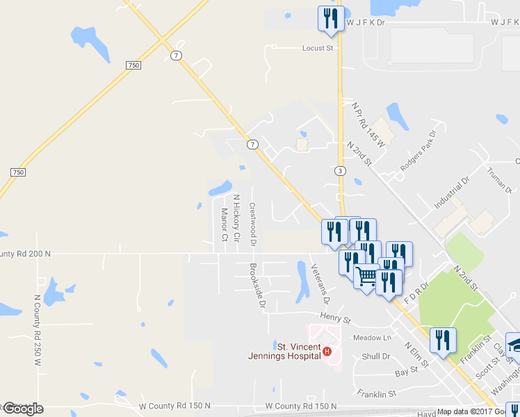 map of restaurants, bars, coffee shops, grocery stores, and more near 2056 Crestwood Drive in North Vernon