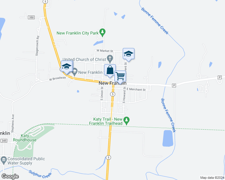 map of restaurants, bars, coffee shops, grocery stores, and more near 108 Missouri 5 in New Franklin