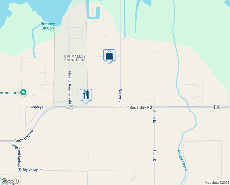 map of restaurants, bars, coffee shops, grocery stores, and more near 2945 Reeves Lane in Lakeport