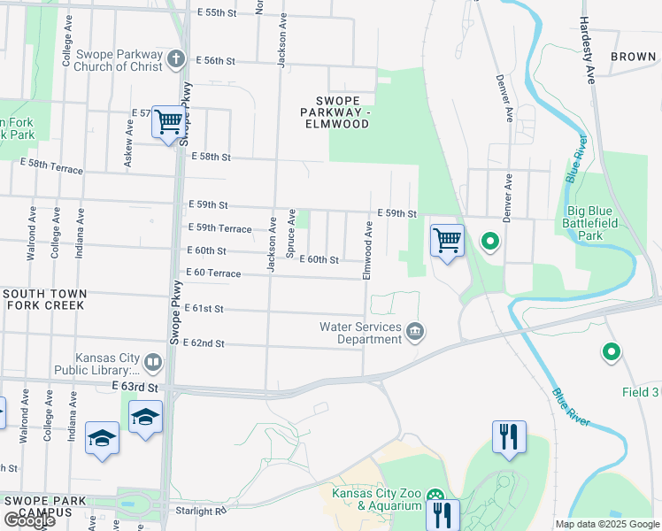 map of restaurants, bars, coffee shops, grocery stores, and more near 4505 East 60th Street in Kansas City