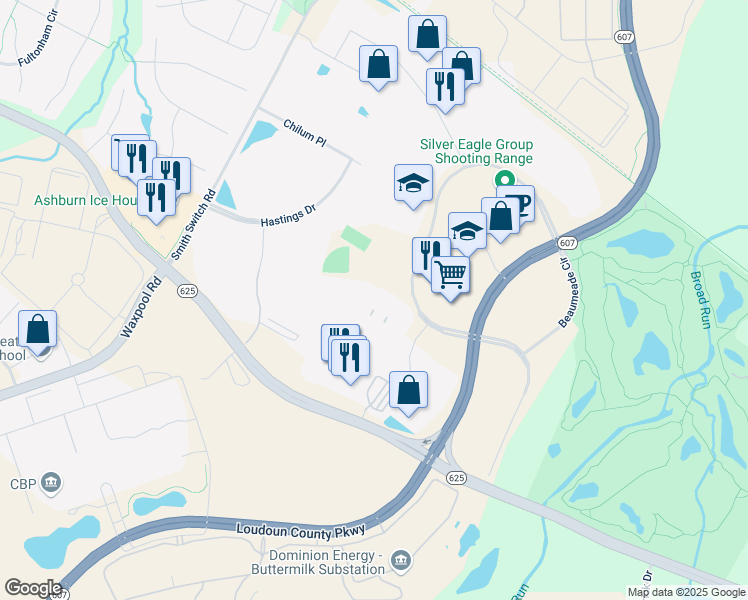 map of restaurants, bars, coffee shops, grocery stores, and more near 21715 Filigree Court in Ashburn