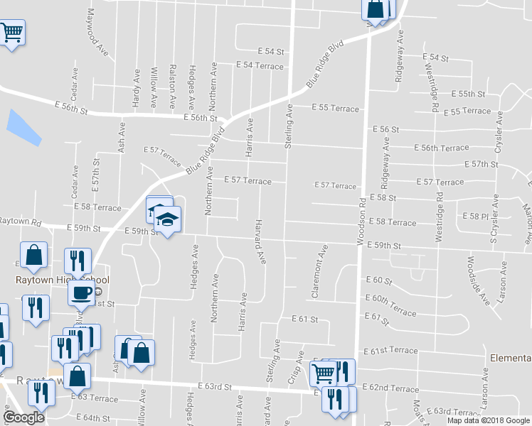 map of restaurants, bars, coffee shops, grocery stores, and more near 5805 Harvard Avenue in Raytown