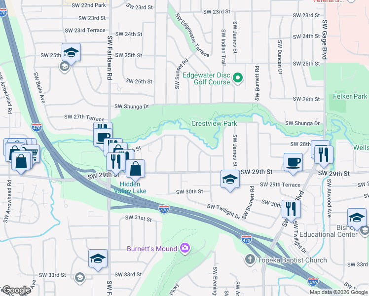 map of restaurants, bars, coffee shops, grocery stores, and more near 2812 Southwest Sunset Road in Topeka