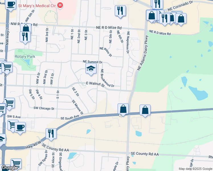 map of restaurants, bars, coffee shops, grocery stores, and more near 201 Northeast Brookwood Drive in Blue Springs