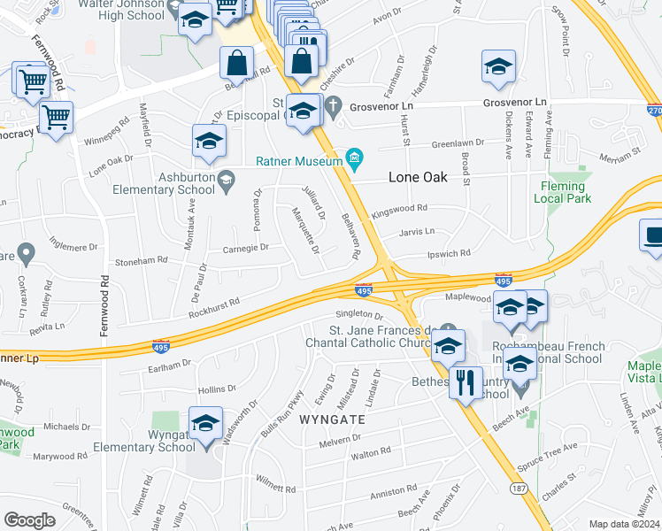 map of restaurants, bars, coffee shops, grocery stores, and more near 9812 Belhaven Road in Bethesda