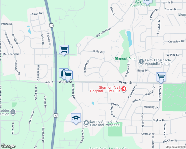 map of restaurants, bars, coffee shops, grocery stores, and more near 1523 Tamerisk Drive in Junction City