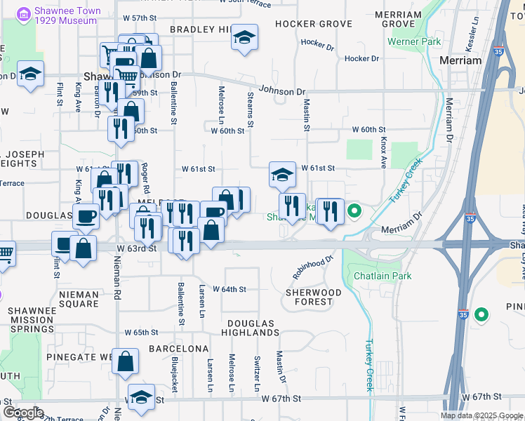 map of restaurants, bars, coffee shops, grocery stores, and more near 10300 West 62nd Street in Shawnee