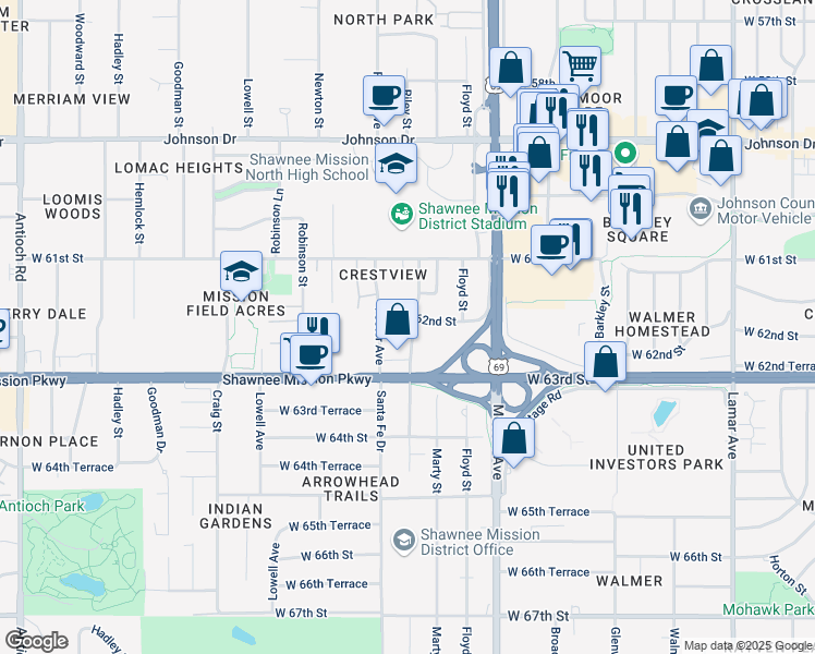 map of restaurants, bars, coffee shops, grocery stores, and more near 6200 Marty Lane in Mission