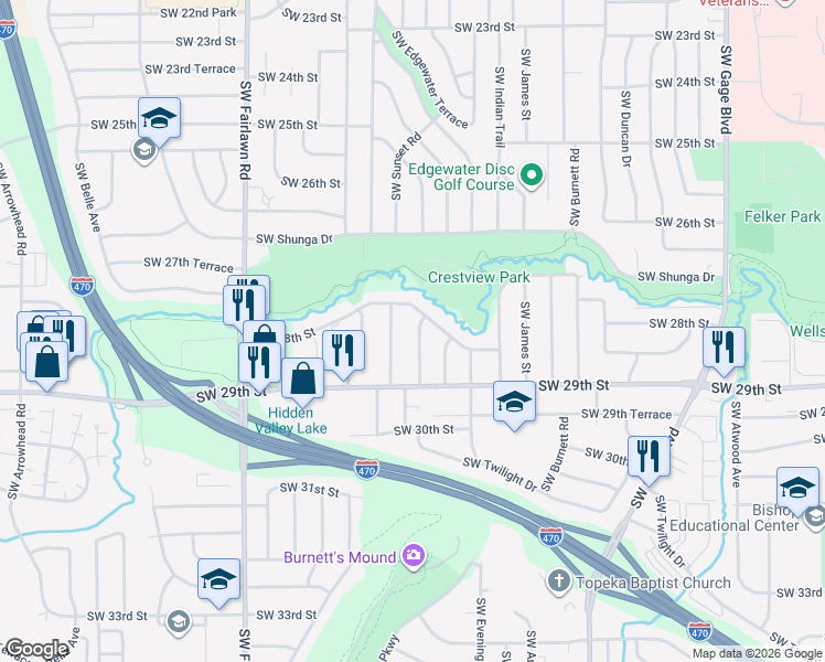 map of restaurants, bars, coffee shops, grocery stores, and more near 2812 Southwest Sunset Road in Topeka